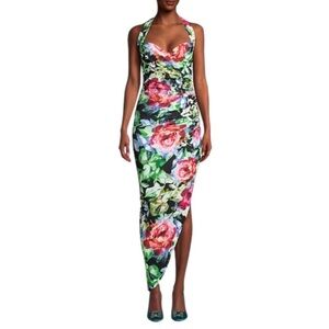 Norma Kamali Cayla Ruched Side Drape Halter Gown Dress Rose Garden Size Small